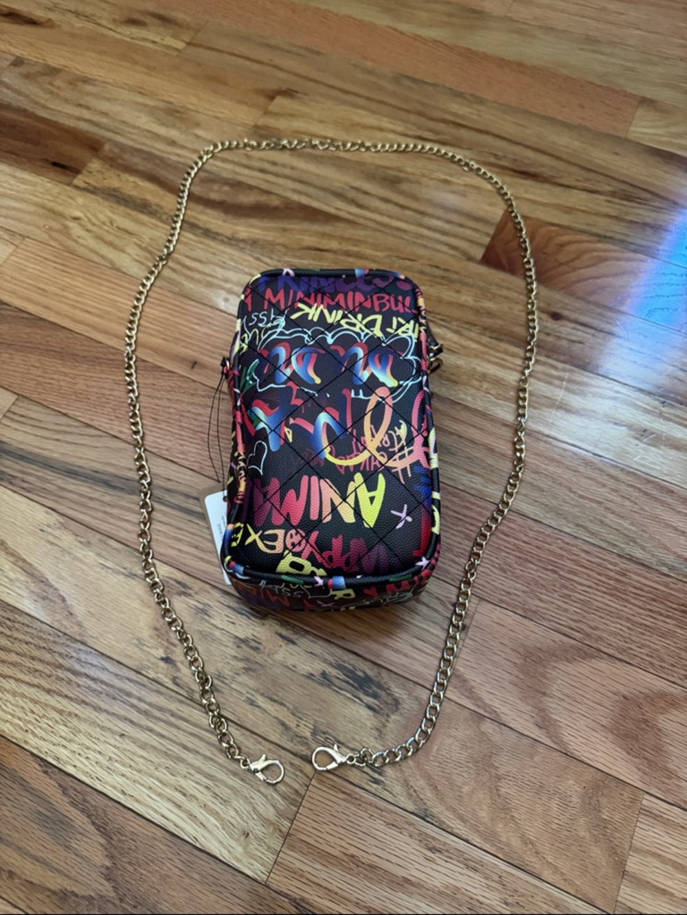 NWT Hello 3 am Graffiti Quilted Crossbody Bag with Chain Strap Black Multicolor